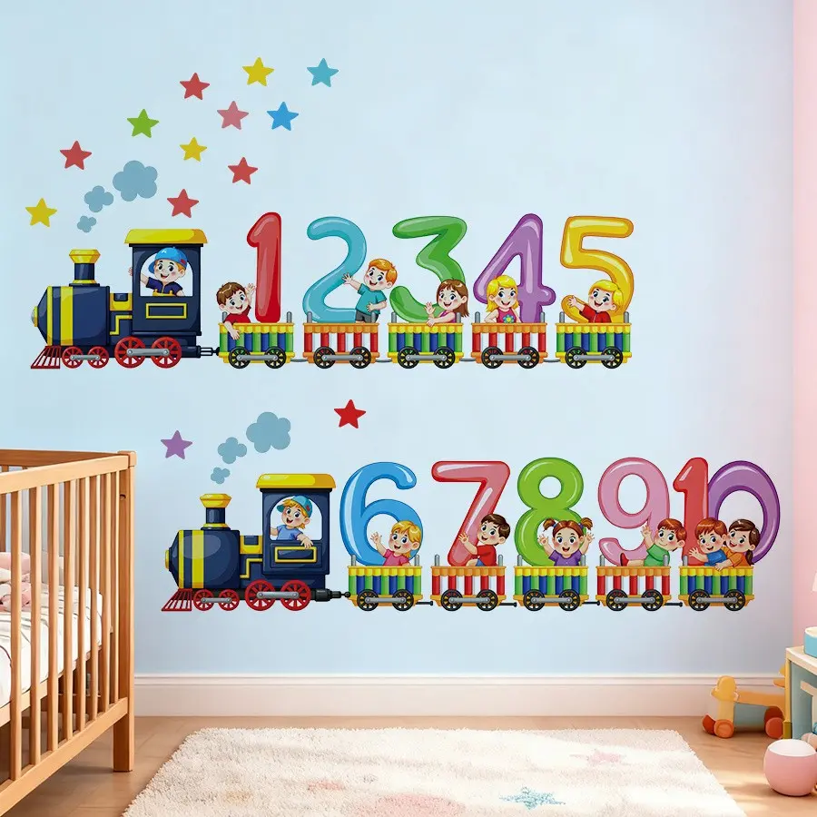 Cute 123 Train Number Wall Decals, Decor for Kids' and Nursery Rooms, Educational Cartoon Vehicle Self‑adhesive Peanut Stickers, Wall Art for Playrooms, Bedrooms and Classrooms, Home Decor for Boys' and Girls' Birthday Parties, Back‑to‑School Theme