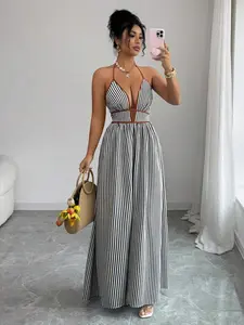 Women's Vacation Striped Lightweight Deep V Neck Sexy Halter Dress Nk-0015-1107, Elegant Summer, Perfect for Beach & Poolside