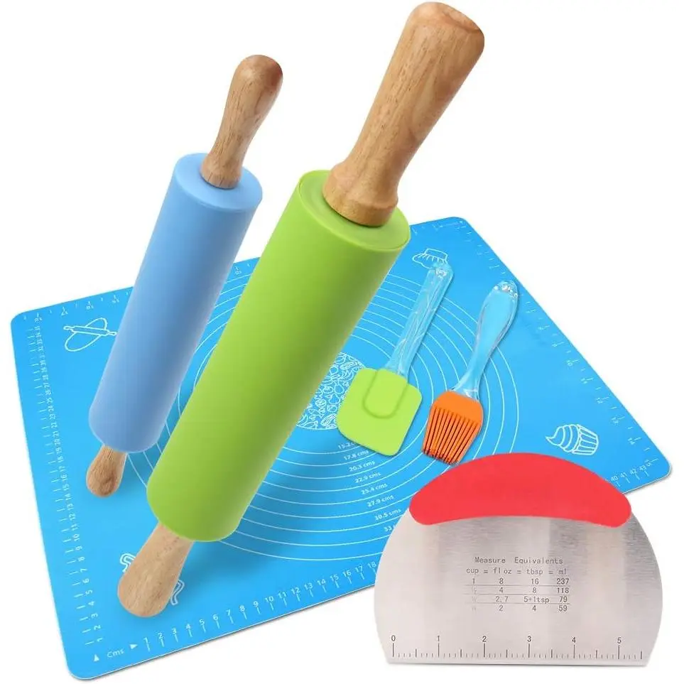 1Set Rolling Pin Pastry Mat Set Non-Stick 6 in 1 Dough Roller Baking Kit with Pastry   Kneading Mat Scraper Basting Brush