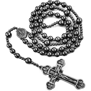 Large Heavy Rosary,Hematite rosary beads catholic for men and women,Rosary Necklace for men with Virgin Mary medal & cross,Handmade of rosarios catolicos Cross Necklace Catholic Gifts.