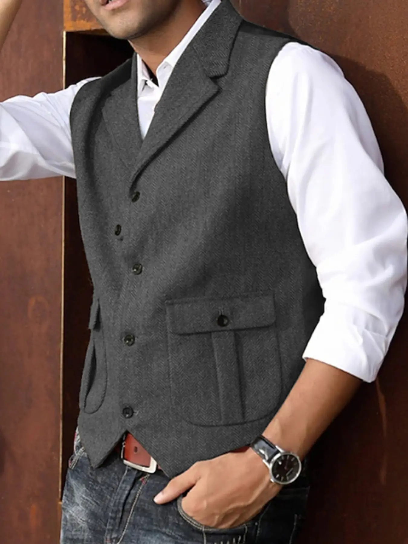 Men's Tweed Vest Retro Lapel Casual Waistcoat, Vintage Style Wool Blend Suit Jacket, Comfortable & Stylish Outerwear