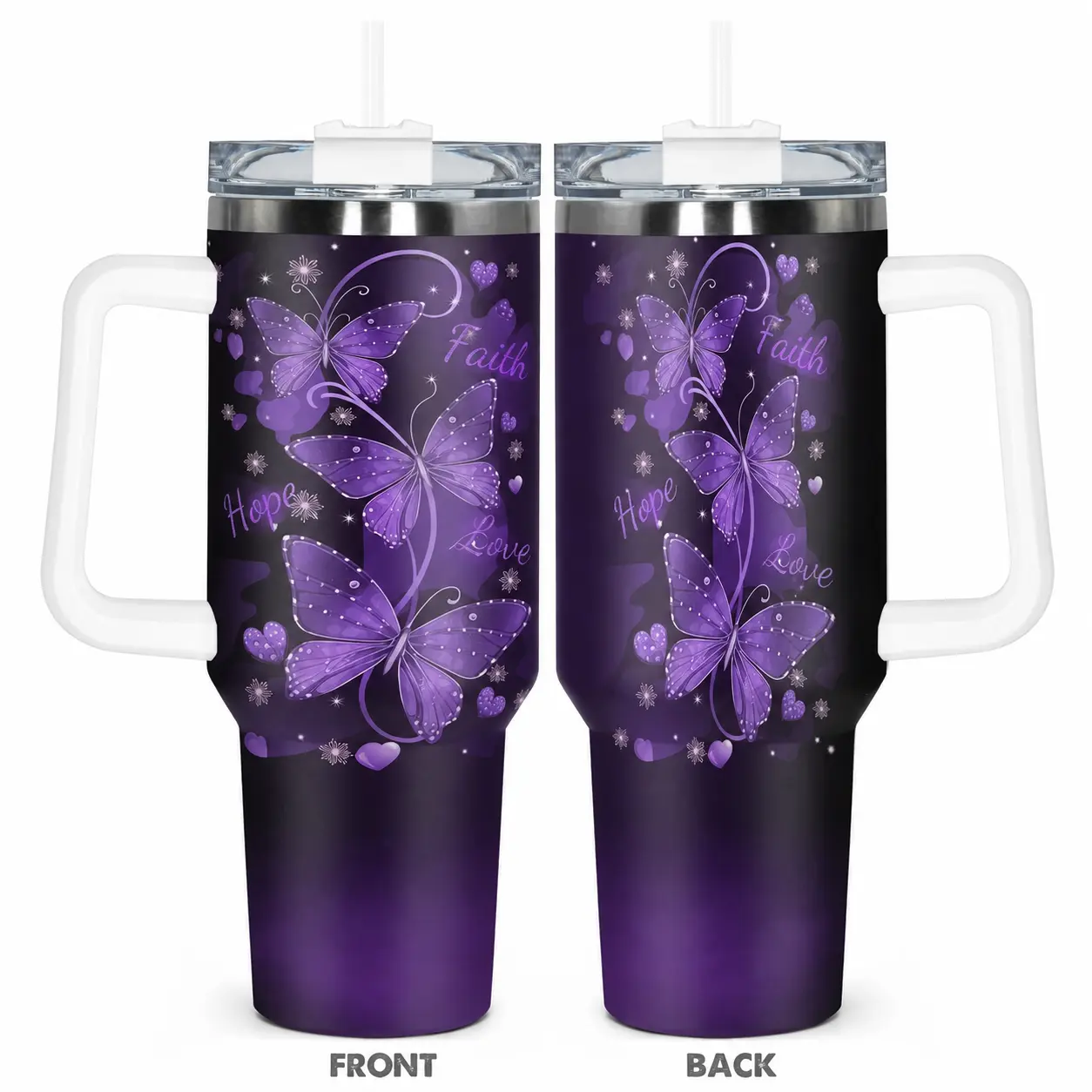 40oz Purple Butterfly Stainless Steel Insulated Flask with Handle and Straw, Reusable Iced Tea & Tea Travel Cup with Faith Hope Love Heart Print, Inspirational Gift for Women, Flasks