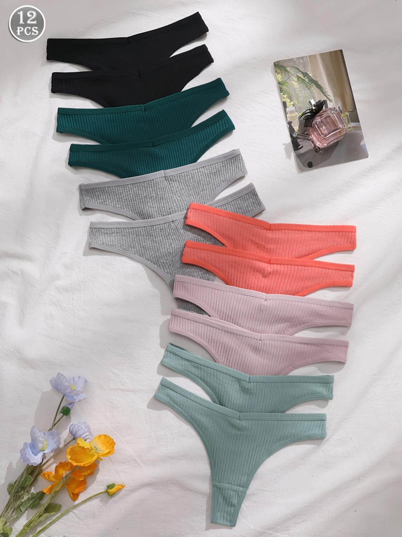 Women's 12pcs Solid Drop Waist Thong, Soft Comfy Breathable Knicker for Daily Wear, Ribbed Panty Underwear for All Seasons
