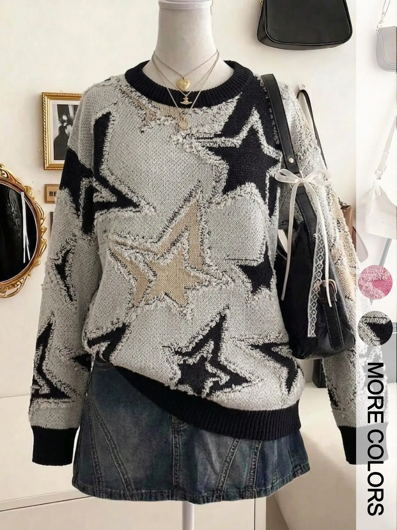 Women's Loose-Fit Knitted Top, Round Neck Long Sleeve Pullover, Block, Sexy Style, Spring & Fall Fashion