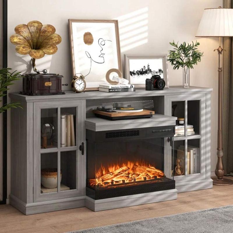 Modern 3-Sided Glass Fireplace TV Stand, Fits Up to 65" TVs, Media Entertainment Center with Cabinet Storage & Adjustable Flame Color