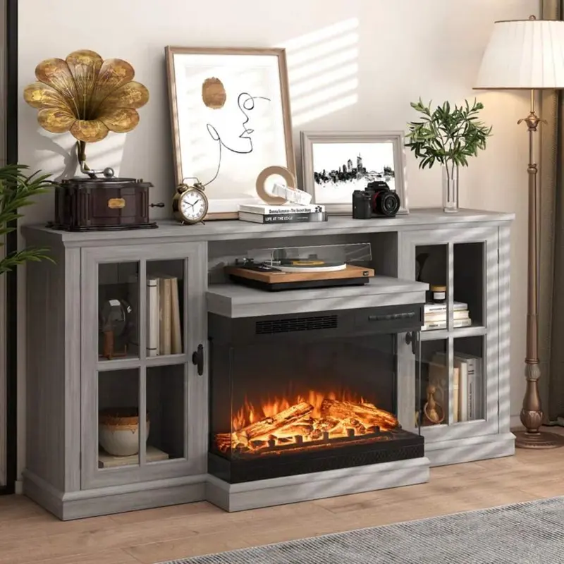 Modern 3-Sided Glass Fireplace TV Stand, Fits Up to 65" TVs, Media Entertainment Center with Cabinet Storage & Adjustable Flame Color