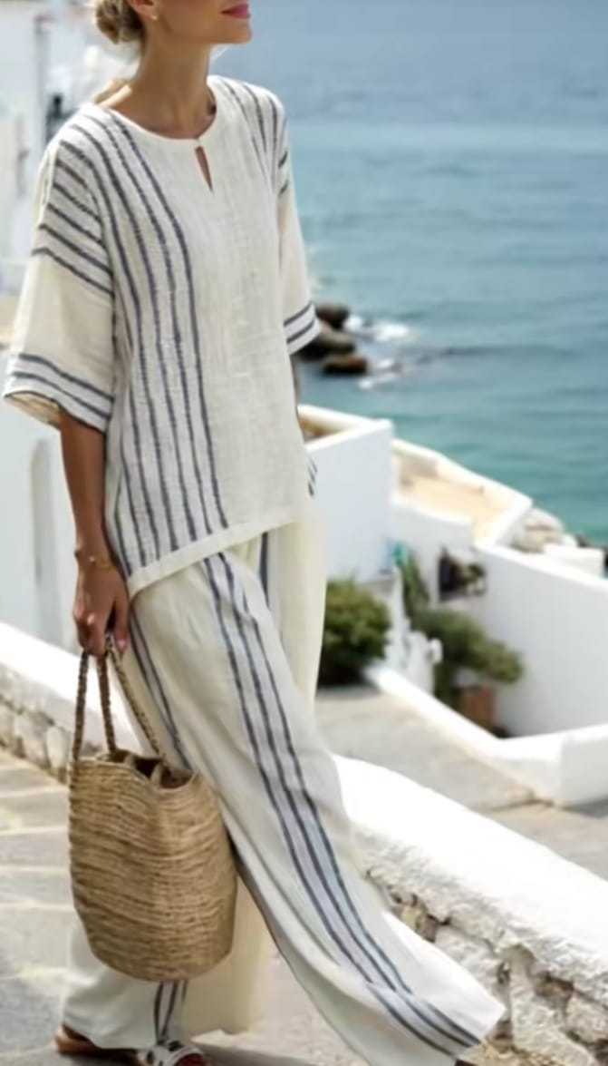 Boho Striped  Two Piece Set - Perfect for Beach, Vacation & Brunch! Casual Loose Fit Half Sleeve Top Wide Leg Pants Set #   TwoPieceSet #   WideLegPants #   Striped #   SummerOutfit #   BohoFashion #   CasualWear #   Outfit of the Day #   WomensFashion