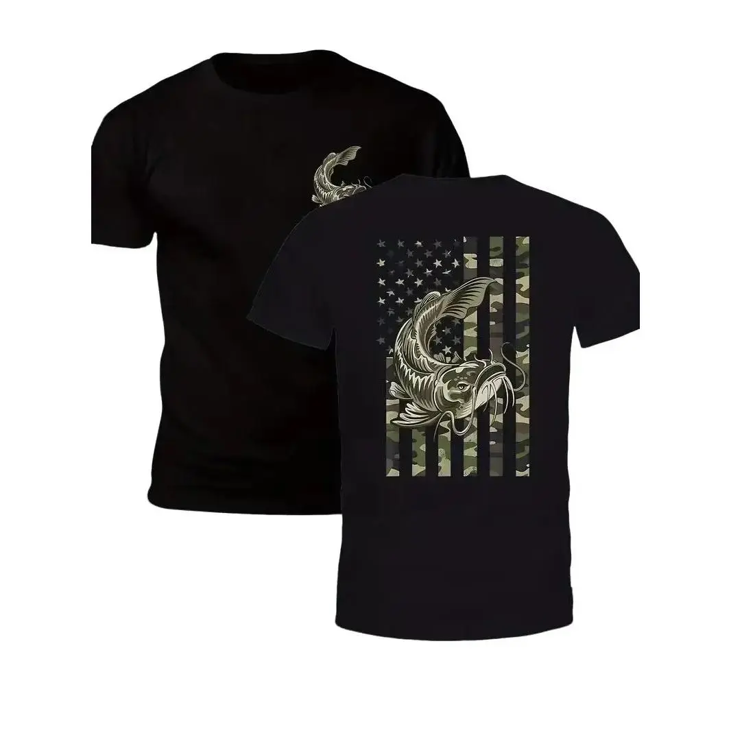 Mens Graphic Camo American Flag Catfish Fishing Double-Sided Cotton T-Shirt - Casual Classic Menswear Outdoor Patriotic Angler Tee