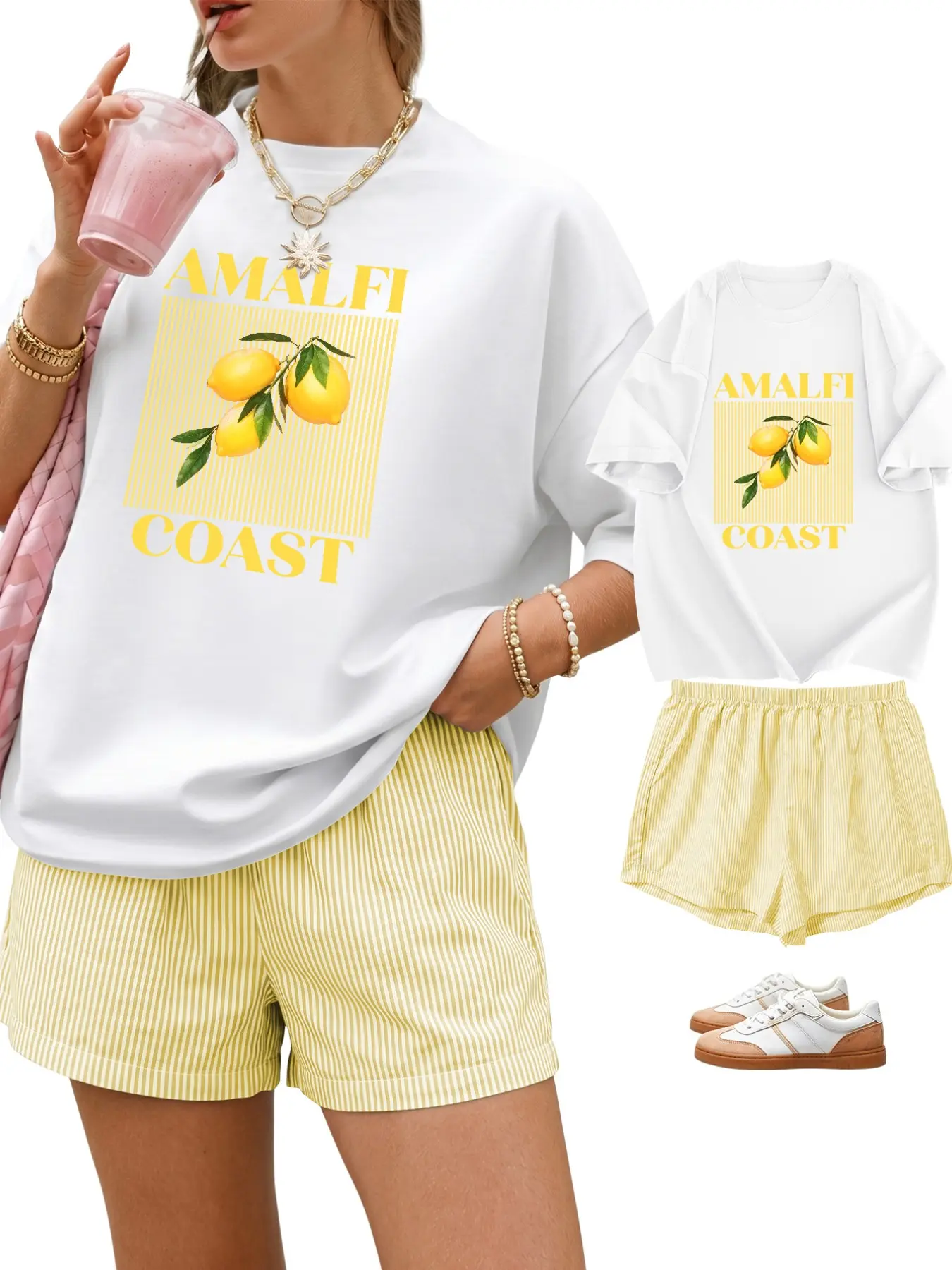 Summer Women's Lemon Print Loose Fit Short Sleeve T-Shirt + Regular Shorts Matching Set, Casual Beach Vacation Home Wear