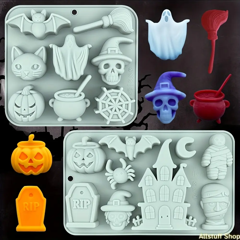 Halloween Silicone Chocolate Mold, Baking Tray with Multiple Molds and Themed Shapes Including Skull & Pumpkin for Jelly, Candy, and Fondant Decoration, Gummy, Halloween Party, Dessert, Fondant Cake Decoration, Includes Skull, Cupcake Topper