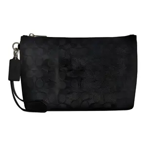 COACH Top-Zip Detachable Wristlet Clutch Bag for Men, Faux Leather, Large Size, Charcoal and Black