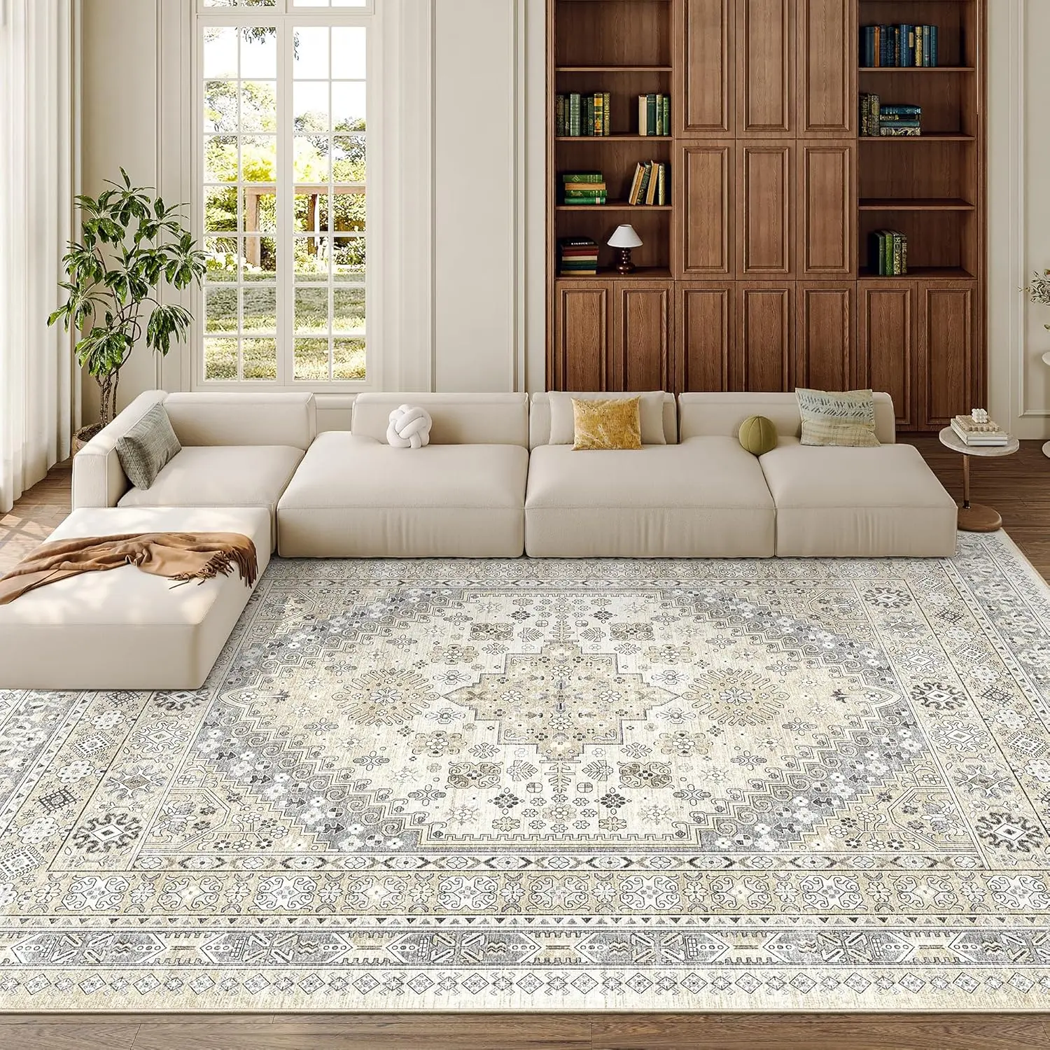 ComiComi Beige Vintage Bohemian Rugs for Living Room, Summer Thin Large Rugs, Upgraded Non-Slip Backing, Machine Washable, Stain Resistant, Rugs For Bedroom, Kitchen, Home Decor, Decorative, Front Sofa Area Rugs