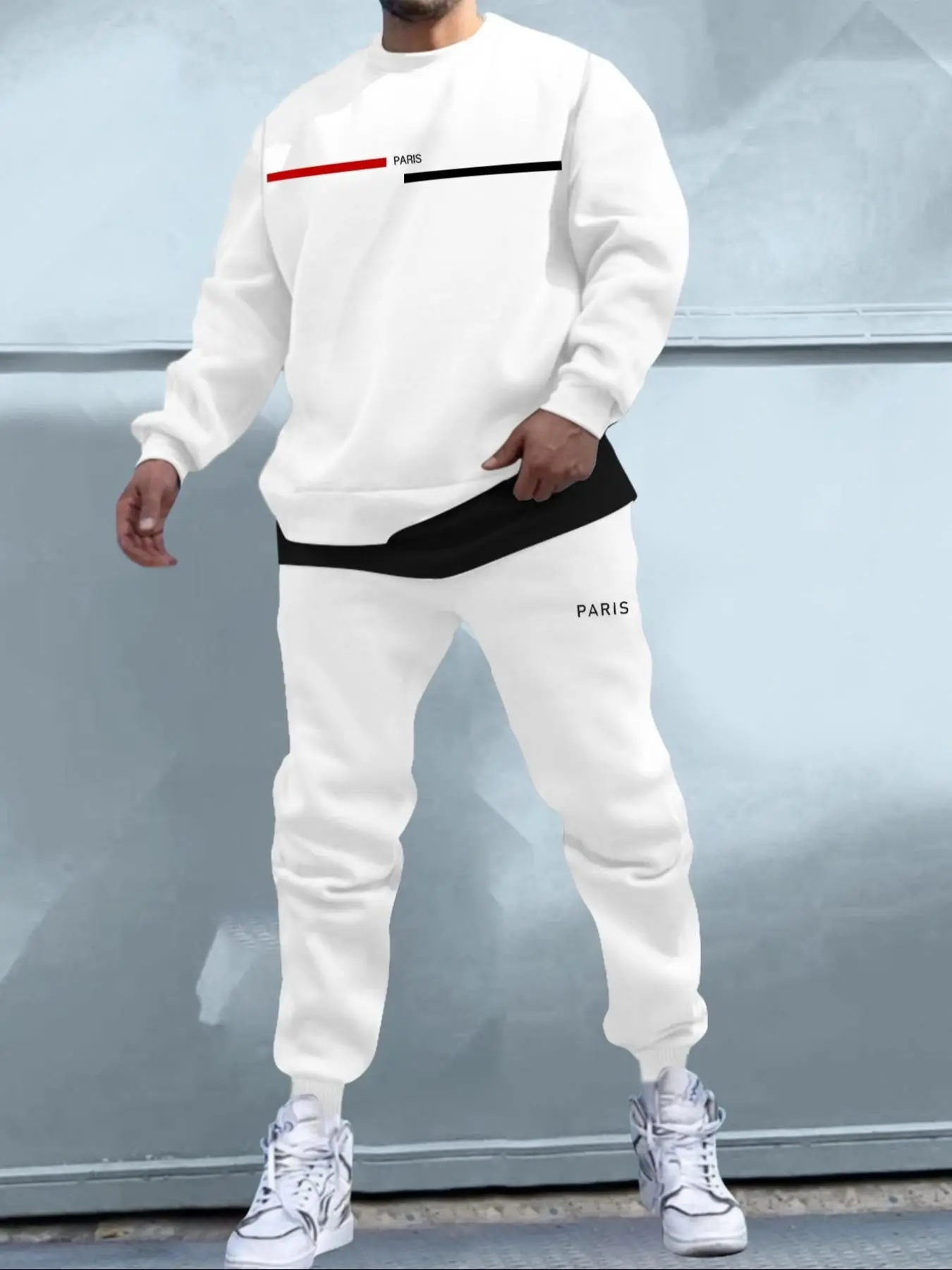 Men's Letter Print Round Neck Sweatshirt and Cargo Pants Set, Casual Two-Piece for Fitness, Running, Home, Travel, European Style
