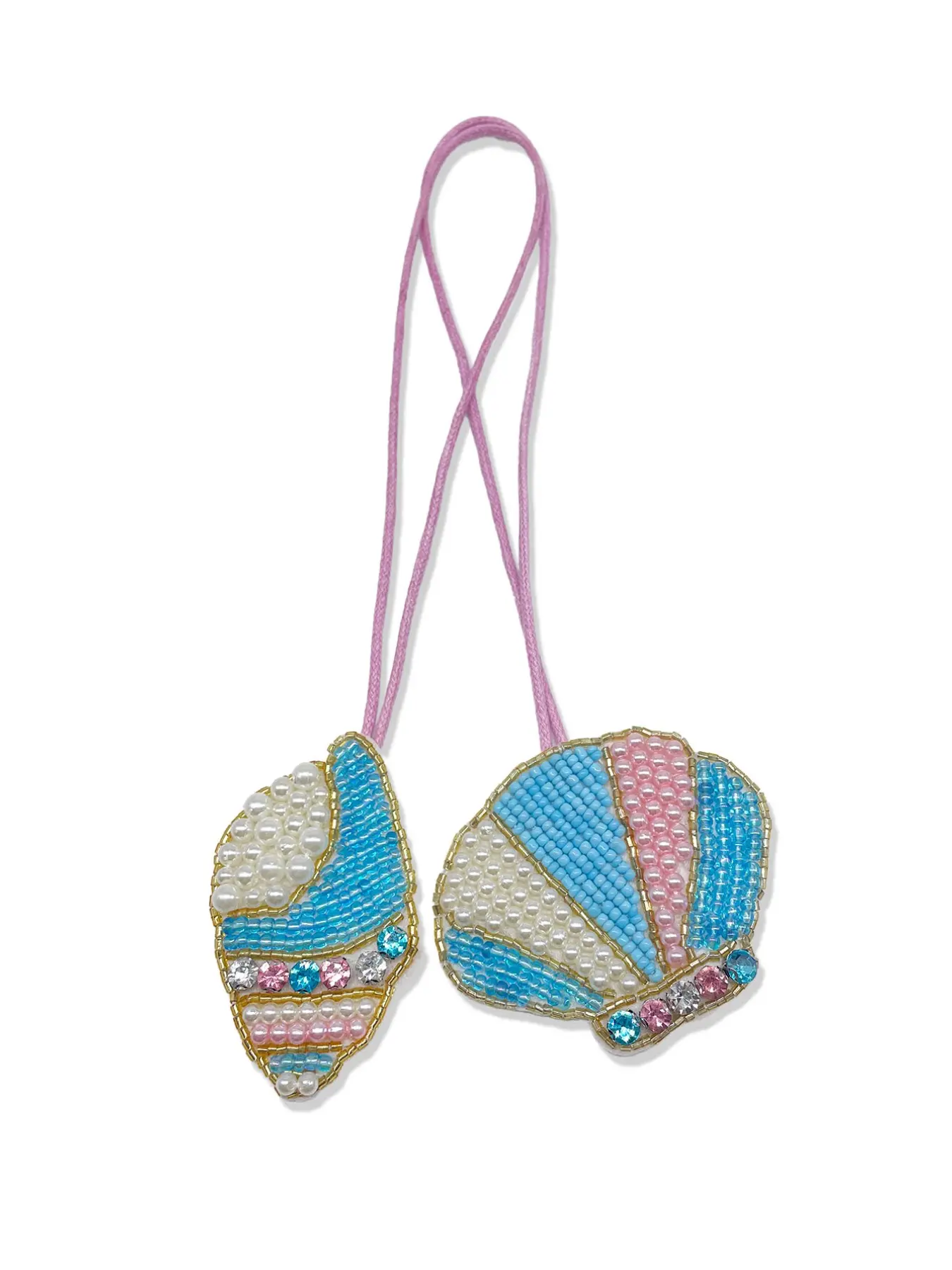 Macaron Beaded Shell Conch Keychain, Blue Rhinestone Pearl Handmade Bag Charm, Beach Girl Style Small Pendant
