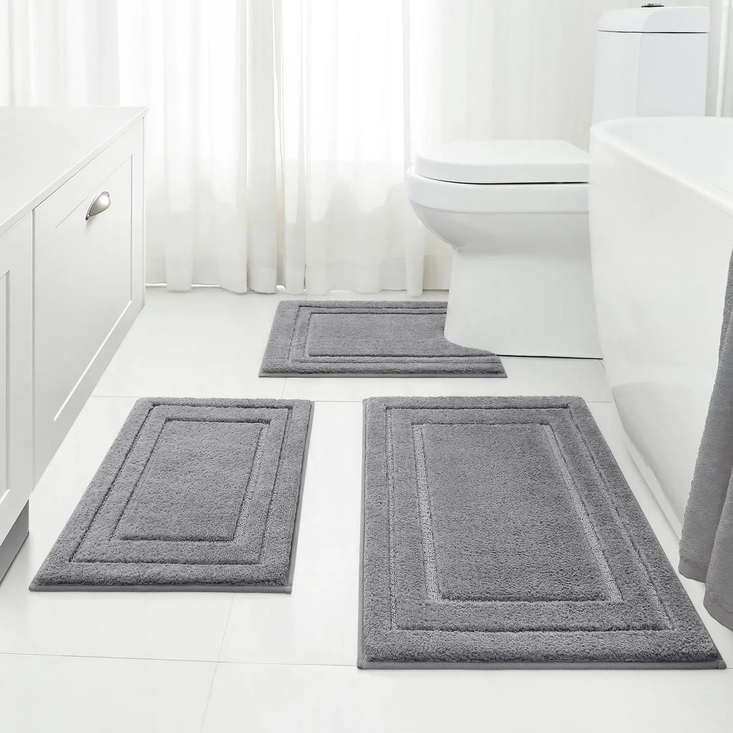 3-Piece Bathroom Rugs Set with U-Shaped Cushion, Super Cozy Non-Slip Rubber-Backed Microfiber Mat for Daily Use Shower Area, Absorbent Easy-Laundry Toilet Bath Rug (Grey)
