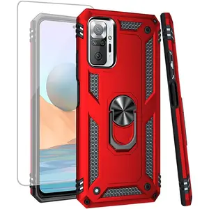 for Redmi Note 10 Pro 4G/Note 10 Pro Max Case with Tempered Glass Screen Protector, [Military Grade] Magnetic Car Ring Mount Holder Protective Cover Case for Xiaomi Redmi Note 10 Pro (red)