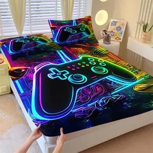 Vibrant Neon Street Game Controller Fitted Sheet Set & 2 Pillowcases-Cyberpunk Rainbow Gradient Fluorescent Game Controller-Comfortable Non-Slip Mattress Protector-Gaming Room Boys Bedroom Decor Gift for Game Lover