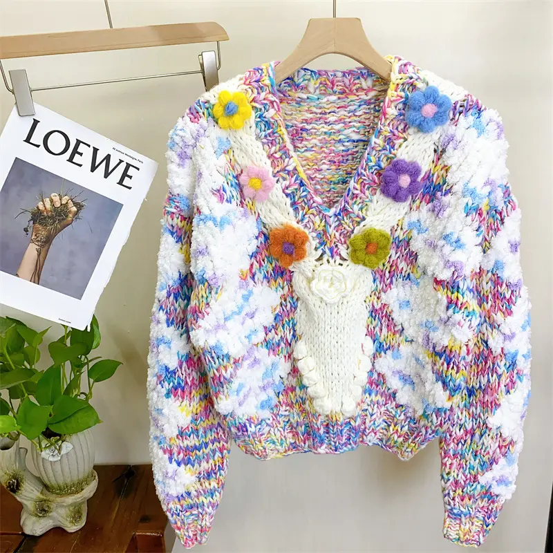 MIAO Women's V-neck Handknitted Sweater Outfits Y2K 3D V-neck Pullover Crochet Design Cozy Fashion  Knitwear Knitting Tops Long Sleeve