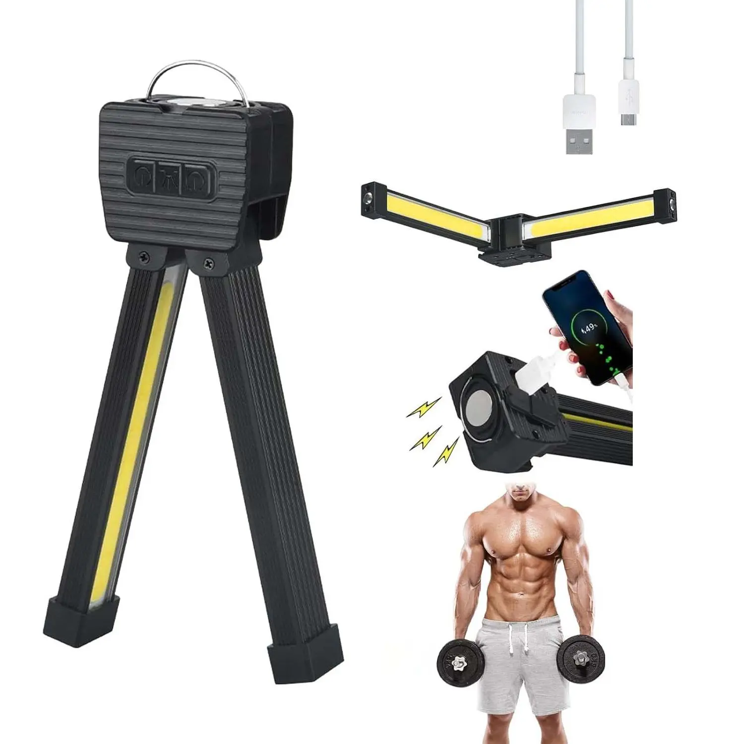 Gym Lamp for Posing, Portable The Magnetic Gym with Hanging Hook, Rechargeable 7th Gear Dimming Posing Lamp with 180 Degree Folding, Posing Gym Lamps for Camping, Photography, Selfie (Black*1)