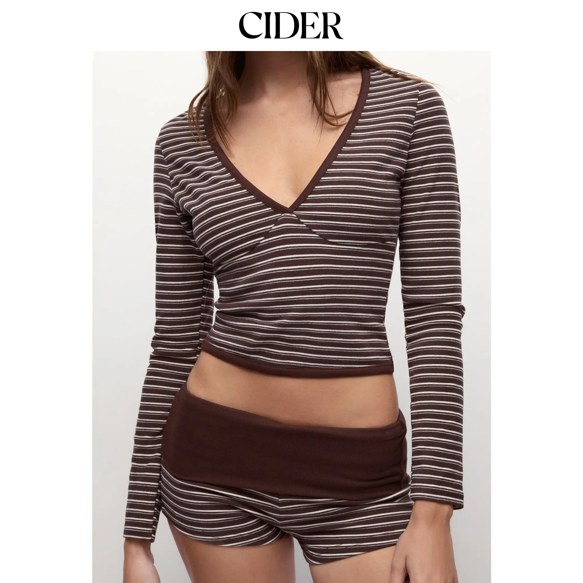 Cider Striped V-neck Long Sleeve Top & Low Rise Shorts Loungewear Set
