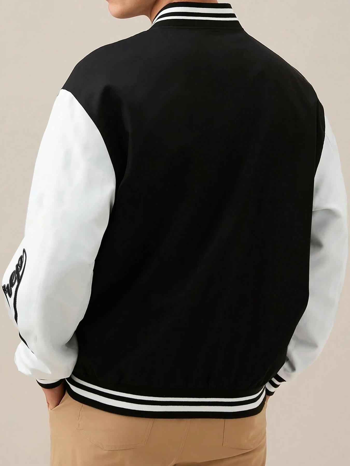 Men's Colorblock & Letter Print Button Front Pocket Varsity Jacket, Regular Fit Casual Drop Shoulder Mock Neck Outerwear for Fall & Winter, Men's Clothes for Daily Wear, Casual Athletic Jacket