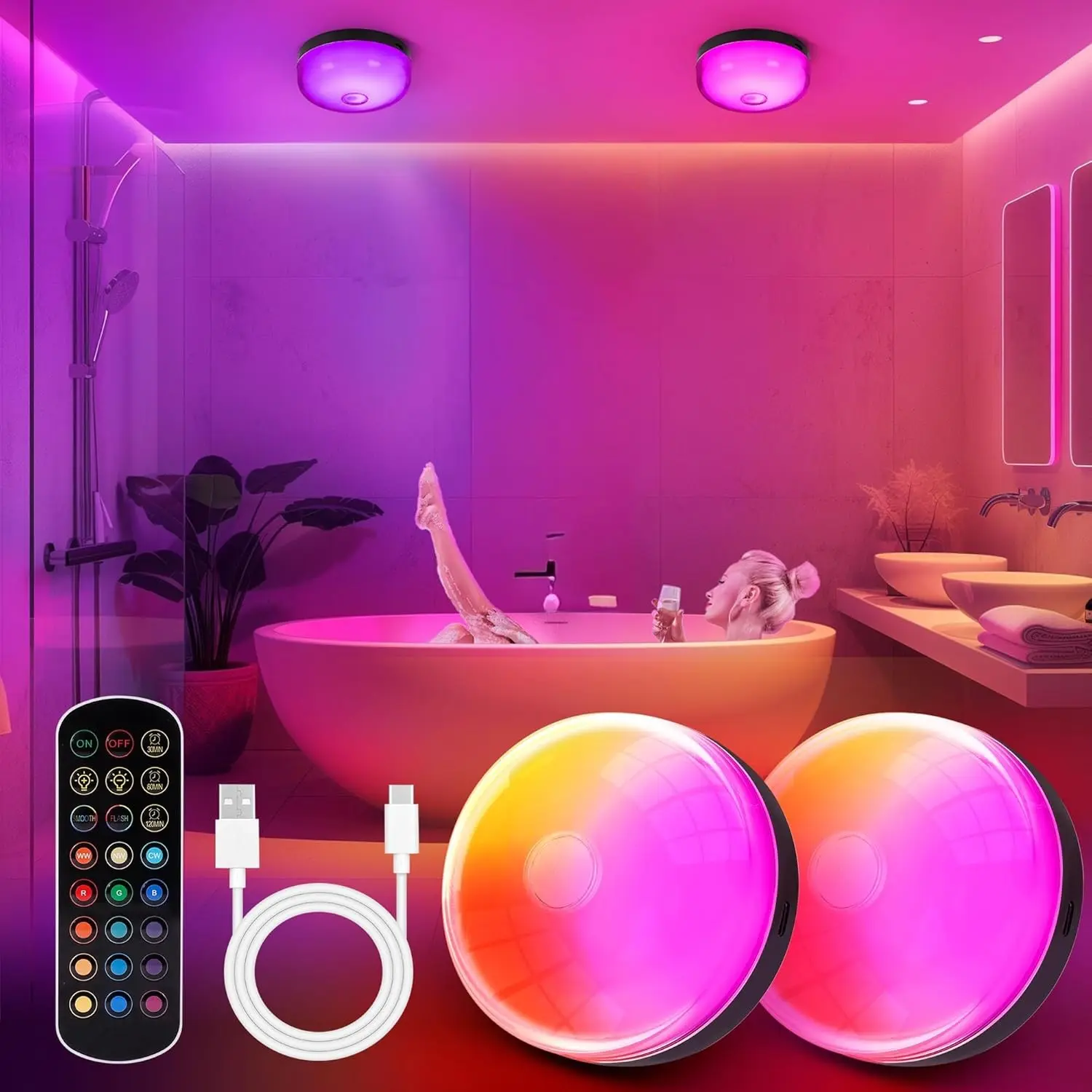 2-Pack Waterproof Shower Lights for Inside Shower, 15 RGBW Color Rechargeable Mood Lighting with Remote Dimmable Timer, LED Wireless Ceiling Light for Bathroom Closet Hallway Stairs Party Decor