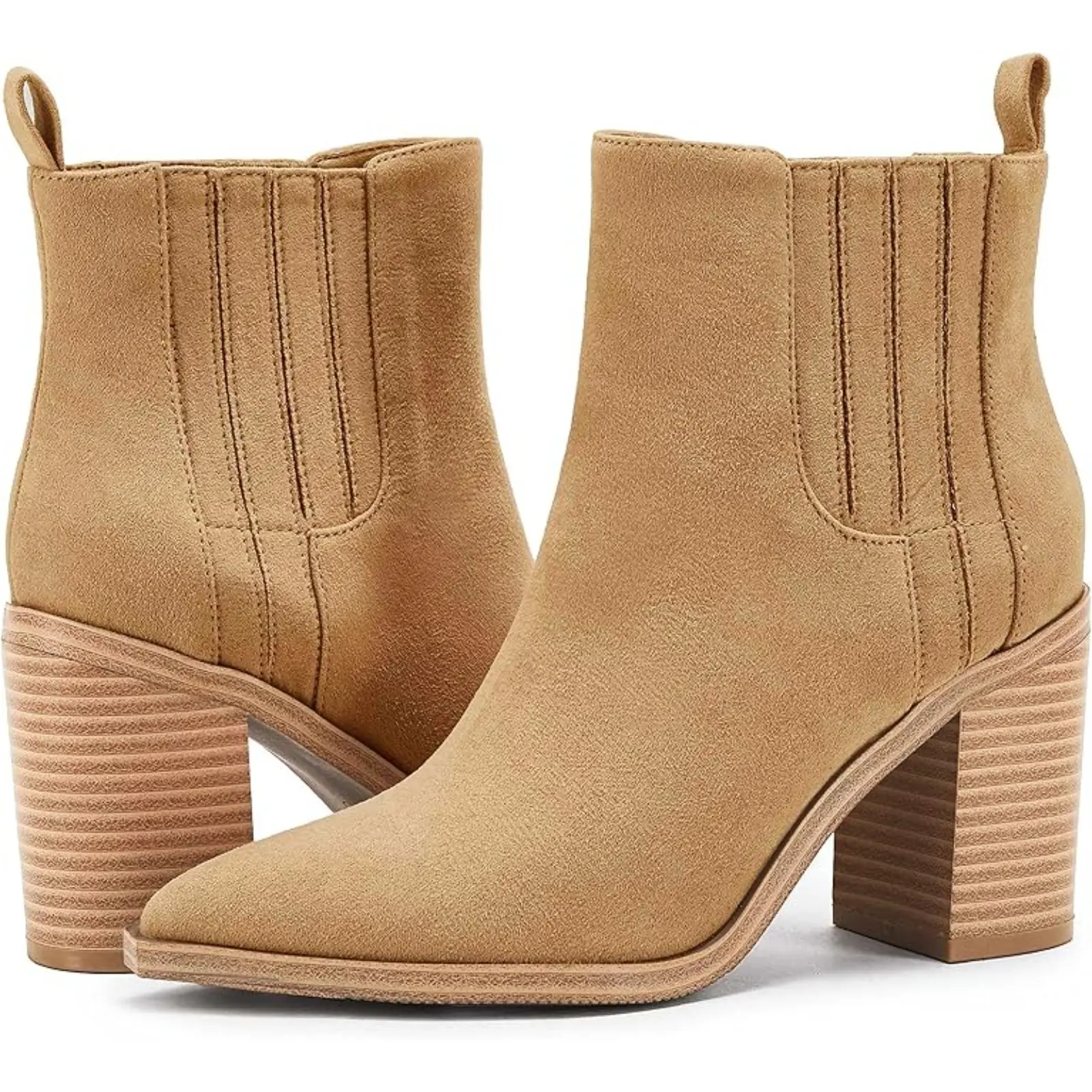 Coutgo Womens Ankle Boots Slip on Pointed Toe Chunky Block Mid Heel Leather Elastic Panel Casual Chelsea Western Booties tiktokshopbacktoschool