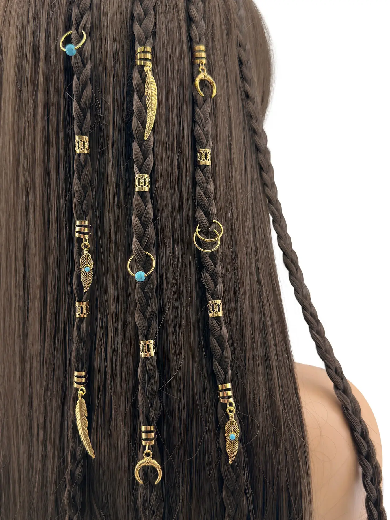 31Pcs Gold Hair Jewelry for Braids, Loc Jewelry for Hair Dreadlock, Loc Charms for Women, Feathers Turquoise Crescent Moon Metal Gold Braid Rings Cuffs Clips for Dreadlock Accessories Clip Braids Extensions Decorations Pirate Hair Accessories
