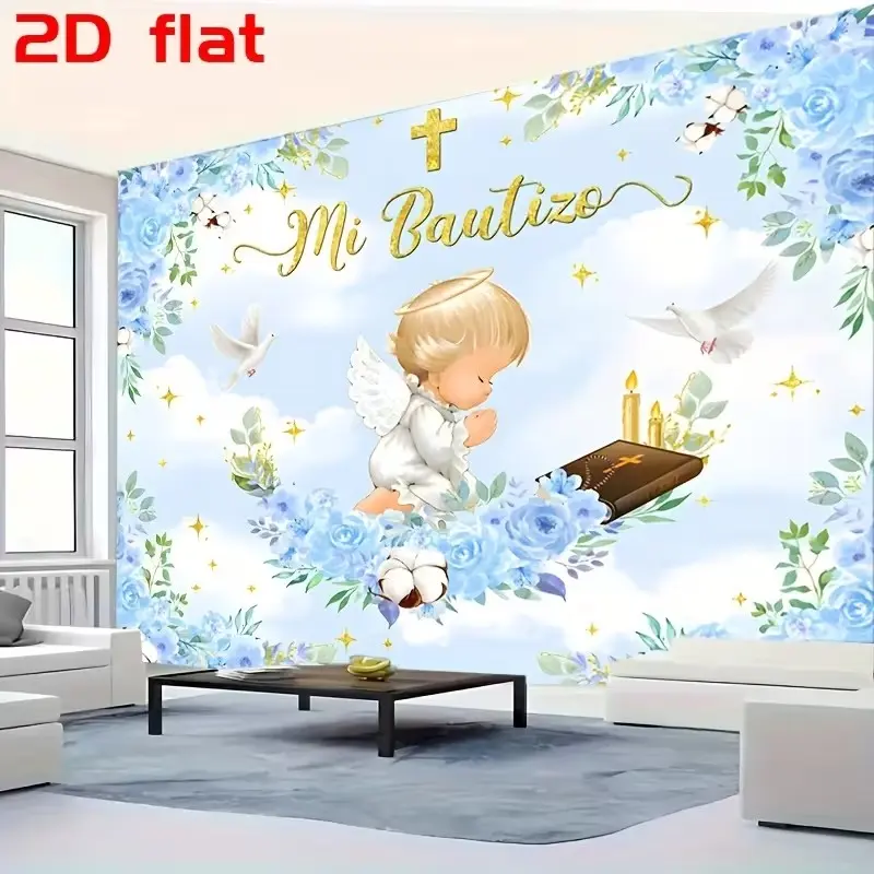 2D Flat Baptism Banner, Backdrop, Light Blue Background with Floral, Cross, Dove Design, Decoration, Party Decor, Home, Club, Farm, Garden, Christmas Gift