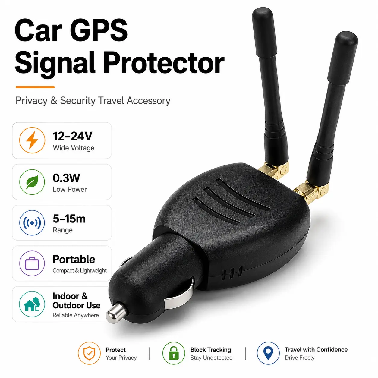 Car GPS Privacy Security Device – Portable Black ABS Vehicle Travel Accessory, 12–24V Low-Power 0.3W Design for Indoor & Outdoor Use