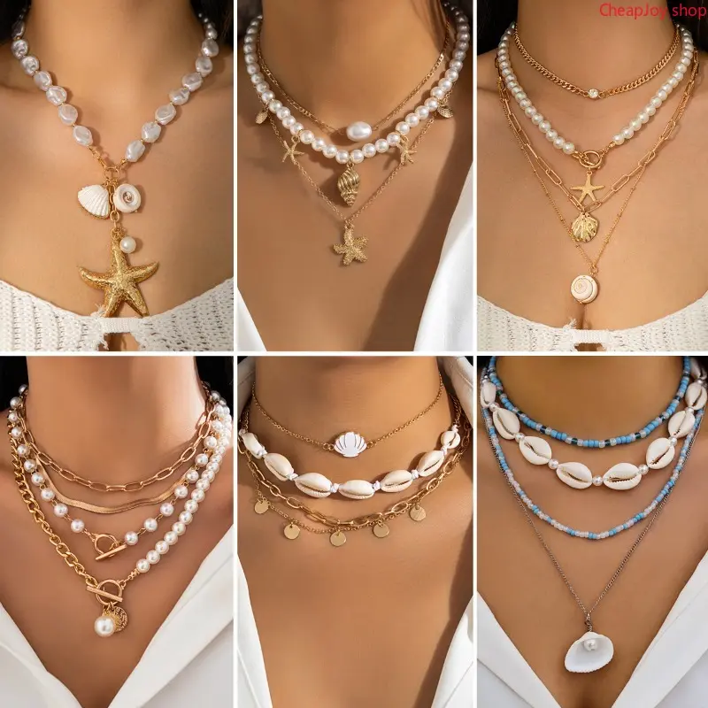 Coastal Beaded Faux Pearl Necklace adorned with starfish and seashell charms, vintage retro beach-themed neck jewelry, stylish accessory for seaside vacations, poolside leisure and summer casual daily outfit matching