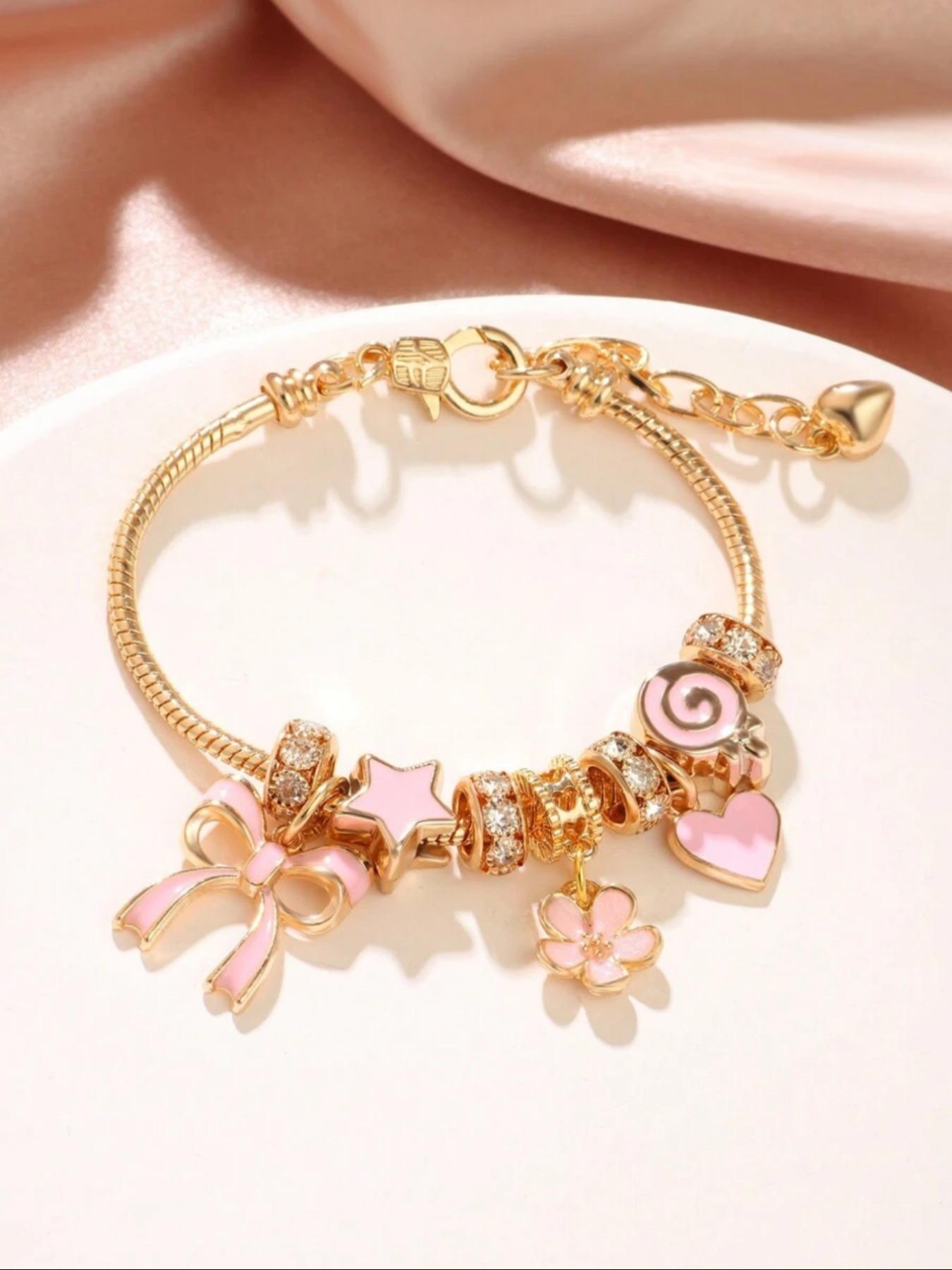 Cute Bow & Heart & Flower Design Charm Bracelet, Rhinestone Decorated Bracelet for Women & Girls, Trendy All-match & Exquisite Jewelry for Birthday Gift, Heart Shaped Bracelet