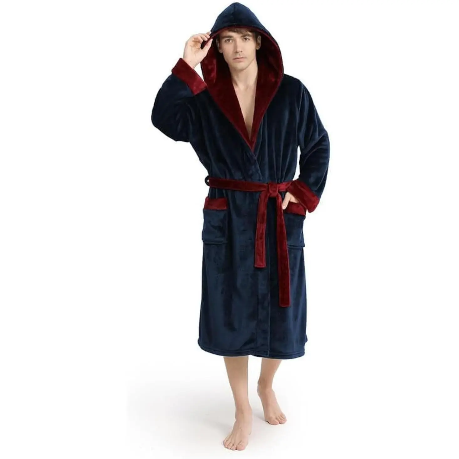 Hooded Mens Robe, Cozy Fleece Bathrobe for Men, Plush Robe with Belt | Luxury Mens Robe for Spa Hotel House & Pool, Ultra Soft Fluffy Robe for Men, Attached Hood & 2 Pockets