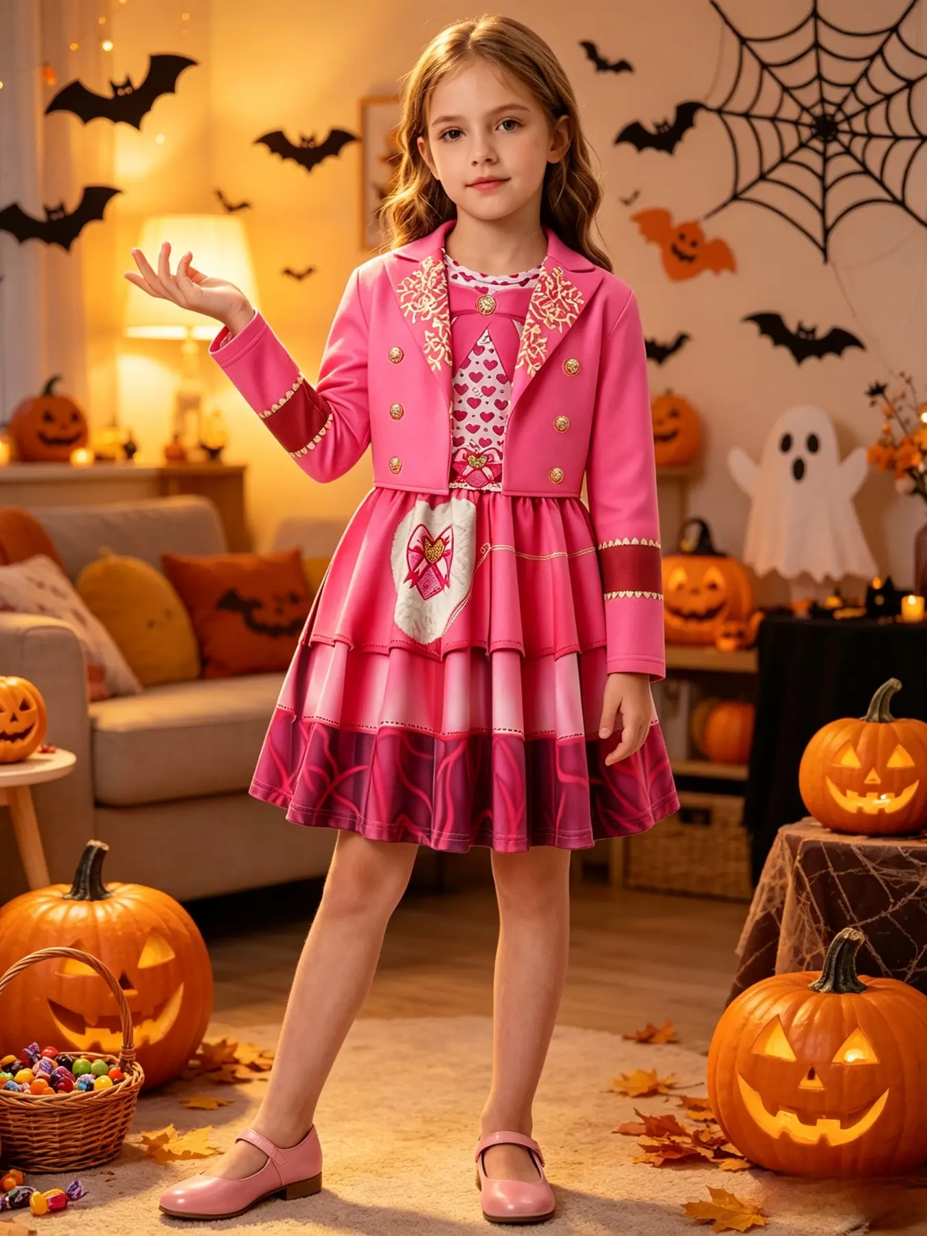 Girl Princess Costume Set, Halloween Glamorous Dress, Party 'trick or Treat' Theme Kids Cosplay Dress with Jacket