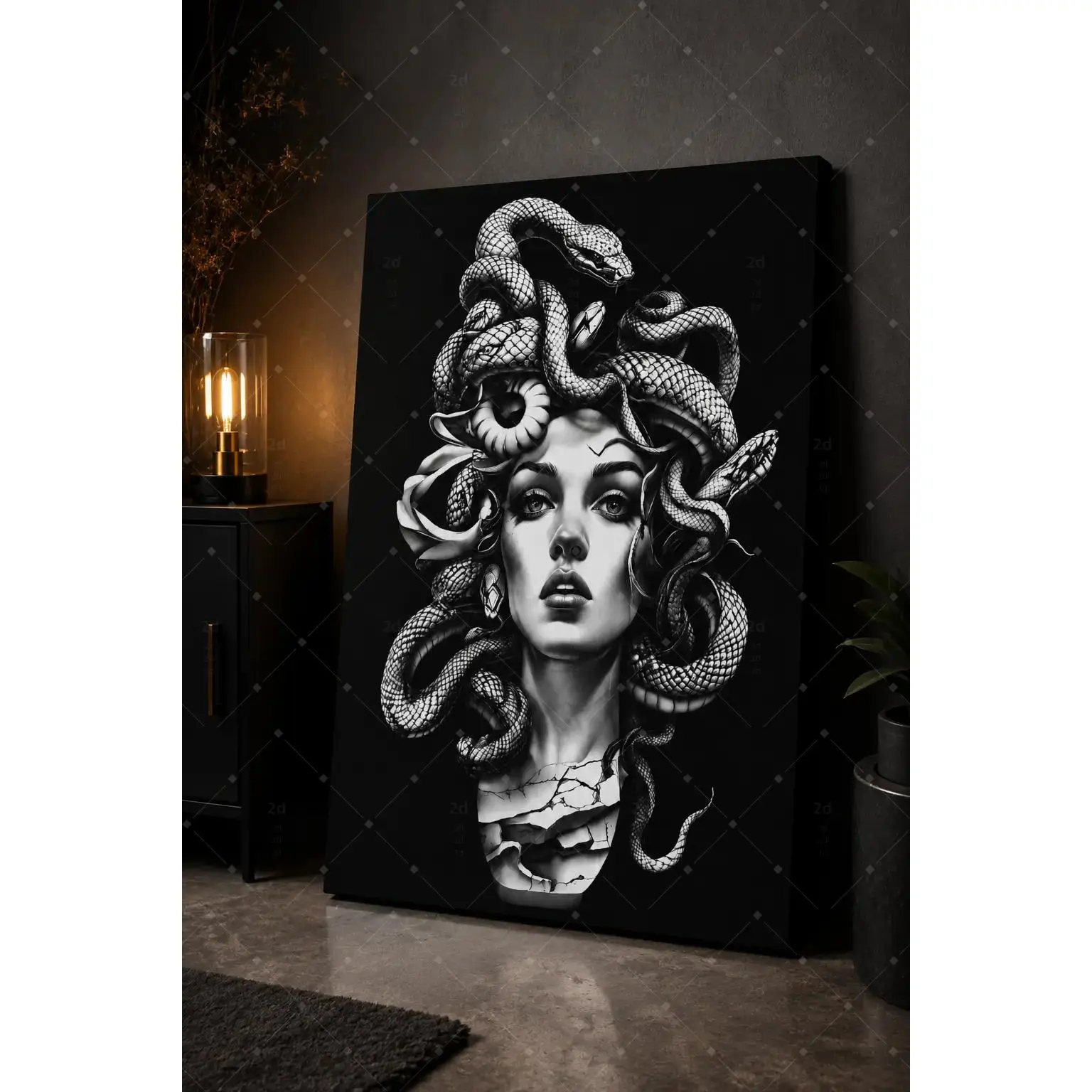 Gothic Snake Woman Canvas Wall Art, Black White Medusa Inspired Portrait Poster Print, Dark Fantasy Decorative Poster for Living Room Bedroom Office Studio, Unframed Poster or Framed Canvas Wrap