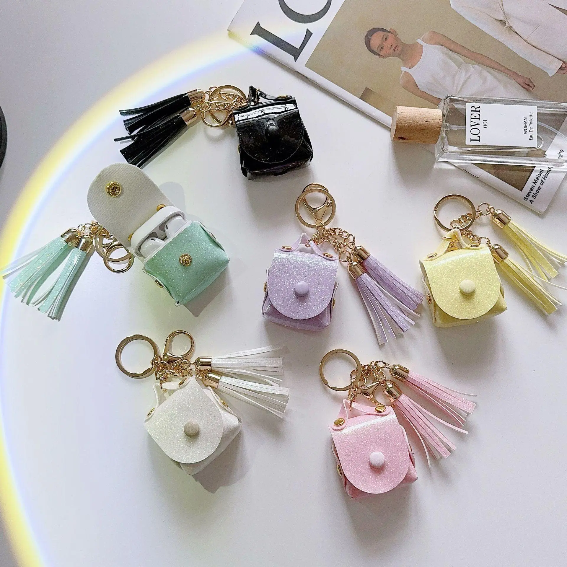 Glitter Tassel Leather Wireless Earbuds Case, Luxury Slim Shockproof Bluetooth Pouch with Keychain, Women Travel Earbud Cover