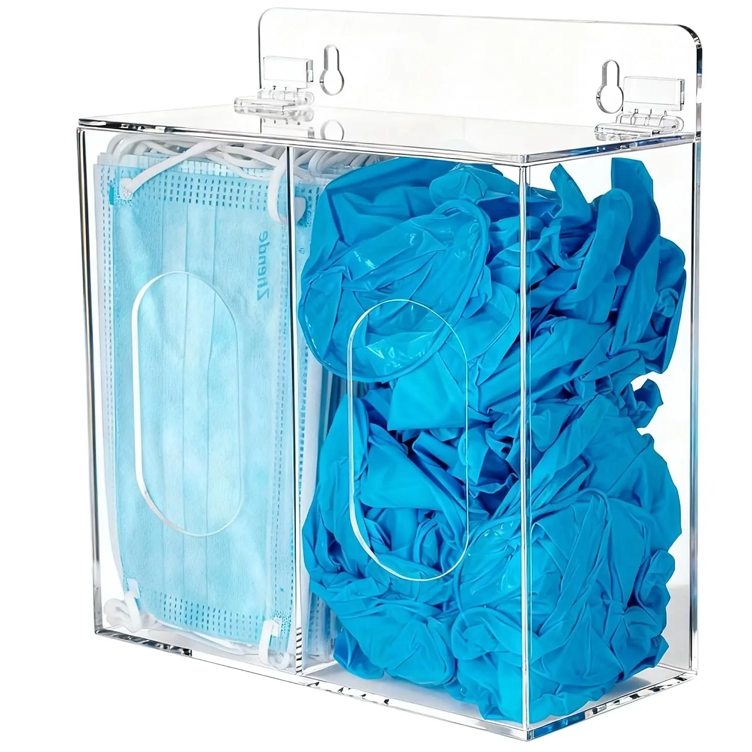 Mask Dispenser Box  Gloves Holder Hygiene Station with Lid for Disposable Emesis Bag, Shoe Cover and Hairnet,Wall Mount Holes or Tabletop Holder (Clear)