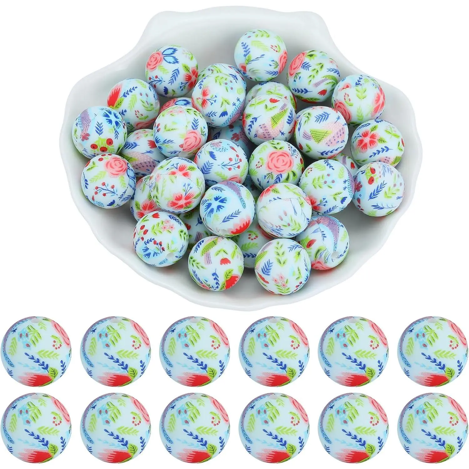 20 count 15mm  Beads Bulk Printed  Focal Beads for Pens DIY Bracelets Necklaces Lanyards Beaded Craft Supplies(Peony)