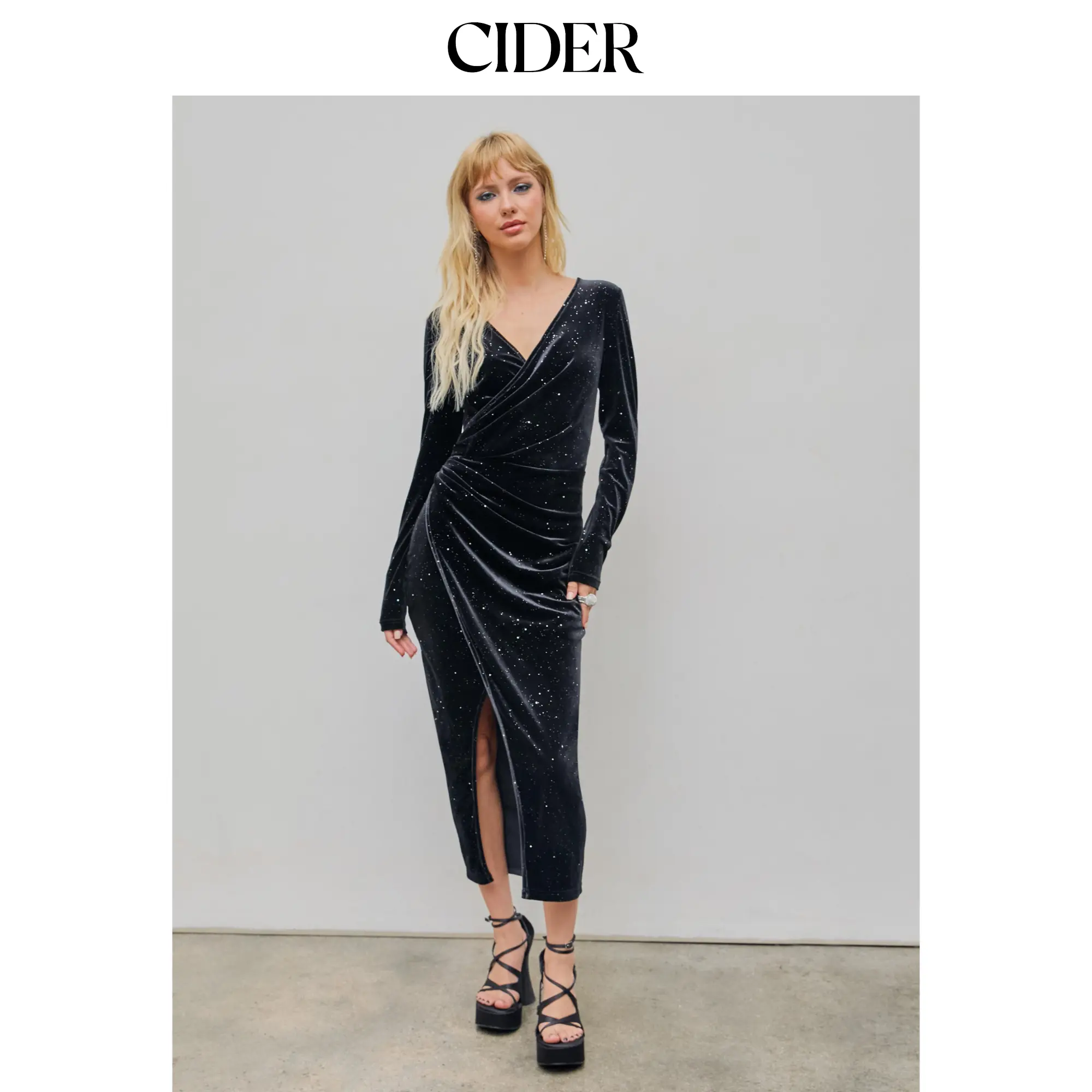 Cider [size 0-10] Velvet V-neck Star Wrap Split Maxi Dress SohoChic
