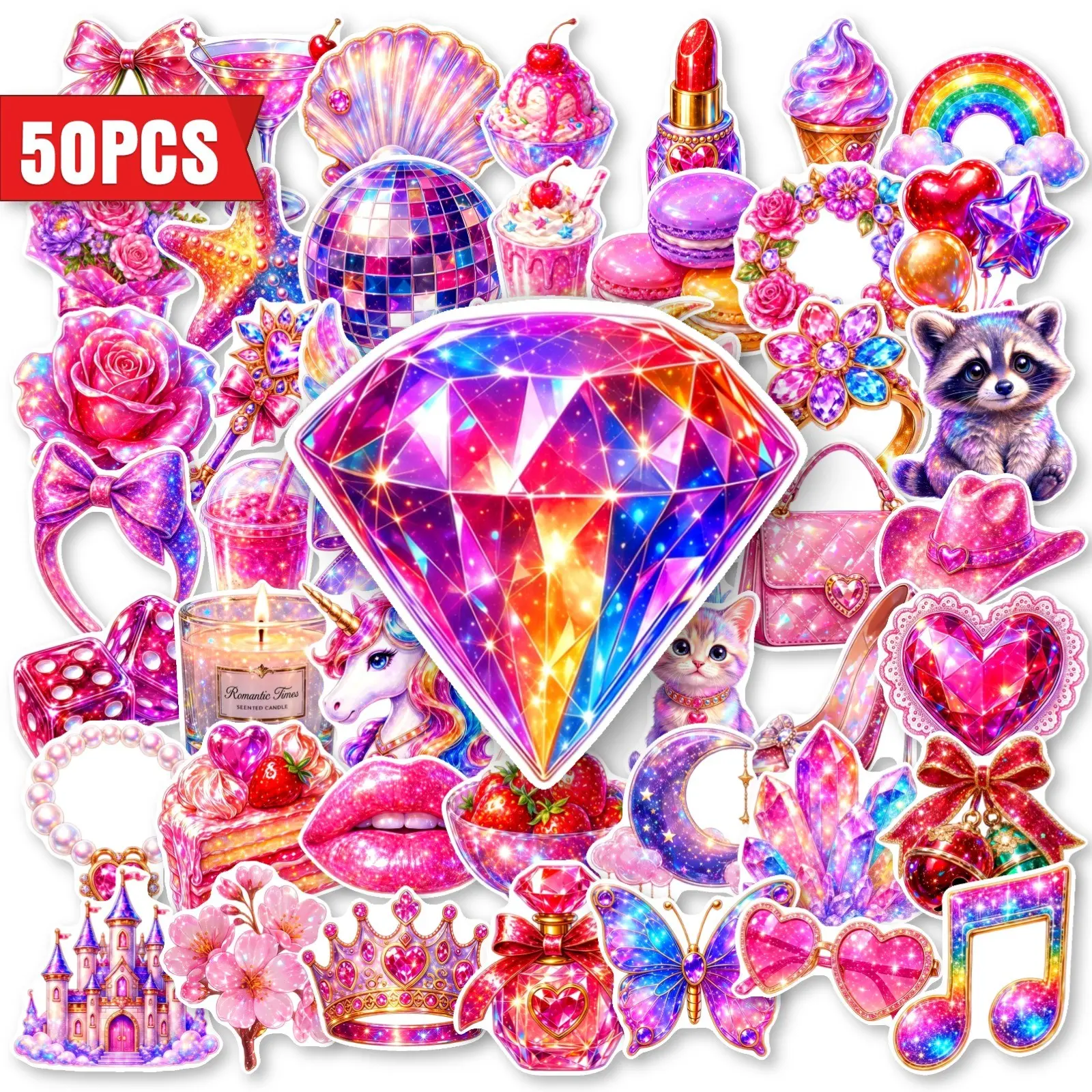 50 Sheets Glitter Coquette Stickers, Shiny Macaron Bow, Unicorn, Diamond Waterproof PP Stickers, Cute Girls' Gift for Notebook, Water Bottle, Journal