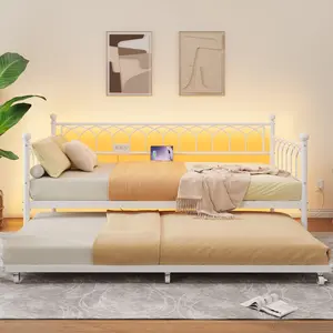 Modern Twin Daybed with Trundle, RGB LED Lights & Charging Station | Sturdy Metal Frame, 2-in-1 Space-Saving Design, Remote Controlled Ambient Lighting, USB & Type-C Ports, Lockable Wheels, No Box Spring Needed, Easy Assembly for Bedroom & Guest Room