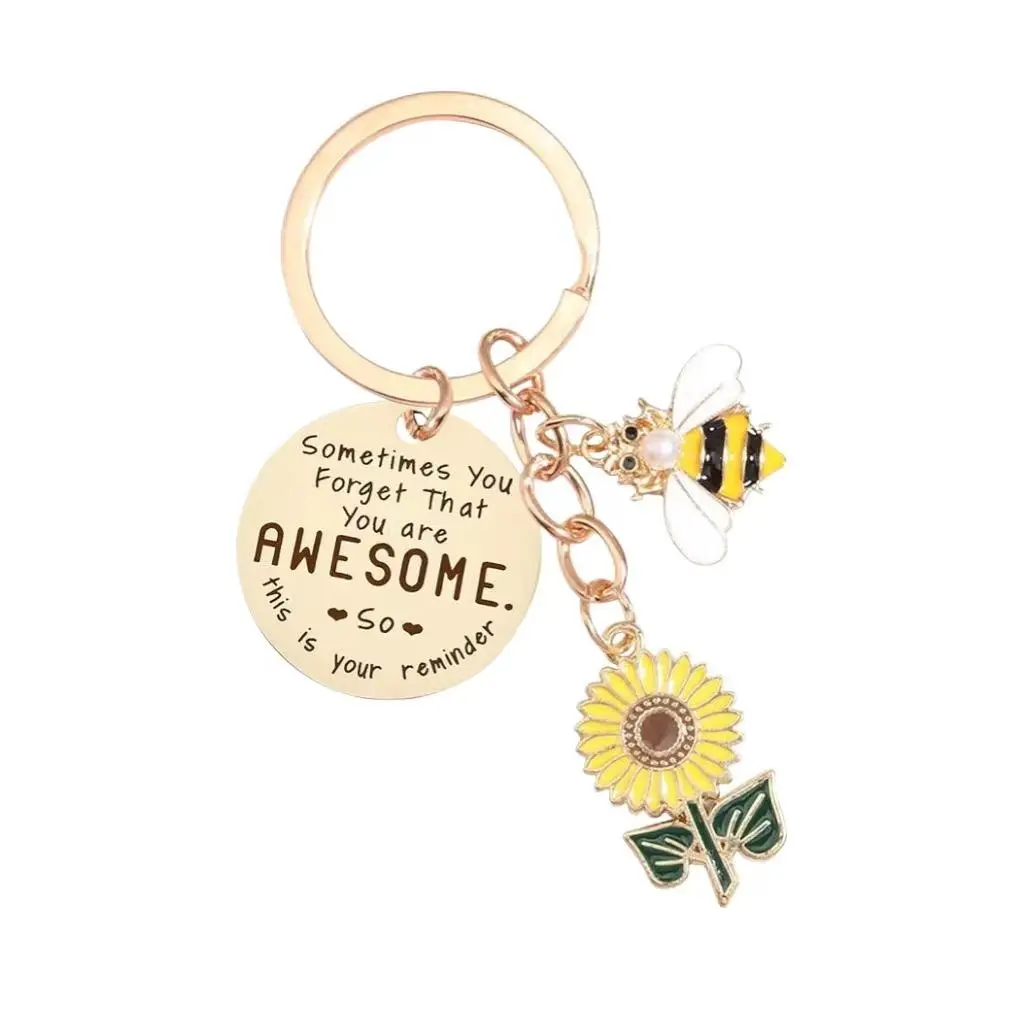 Bee Sunflower Keychain for Women, Casual Gold-Plated Alloy Charm, Inspirational You Are Awesome Engraved Daily Reminder Gift