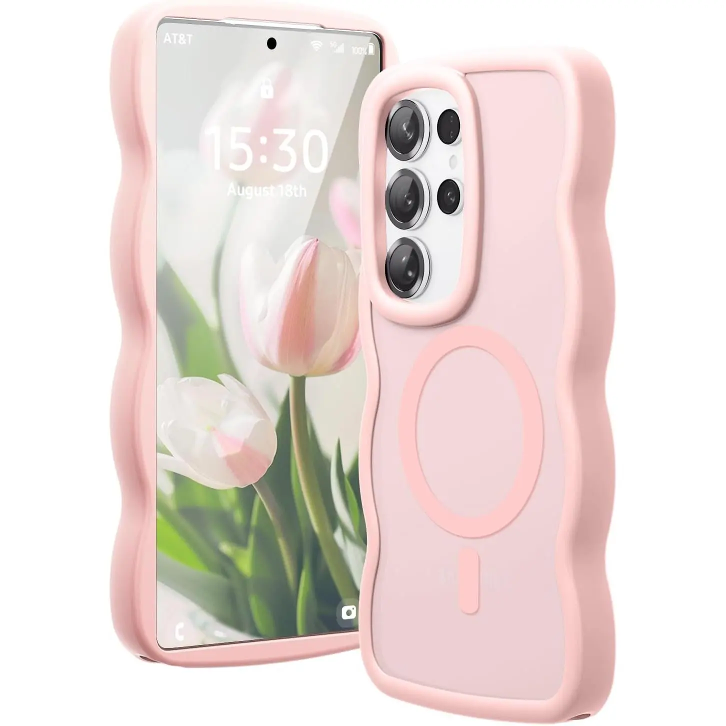 Magsafe-Compatible Smartphone Casing for Samsung Galaxy S25 Ultra - Wavy Cute Design, Magnetic Translucent Matte Hard Back, Silicone Bumper, Protective Handheld Cellphone Device Case for Women, Pink