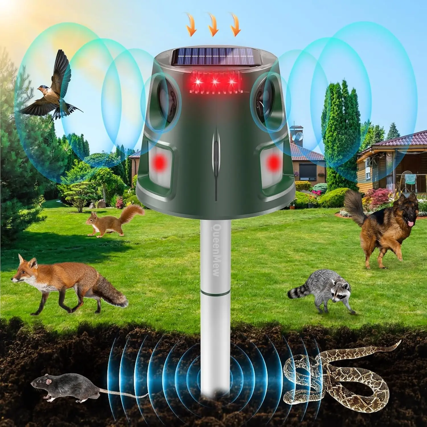 Outdoor 360° Infrared Motion Sensor Ultrasonic Animal Repeller, Outdoor Pest Control Flame Light Alarm Multi-Mode Adjustable Rodent Snake Bird Deterrent Device, Electronic Pest Repellent, Rat Repellent