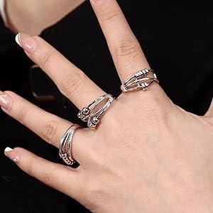 Sanfenly 925 Sterling Silver Anxiety Ring for Women Men Peace Rings for Anxiety Stress Relief Wedding Promise Ring Adjustable Thumb Rings
