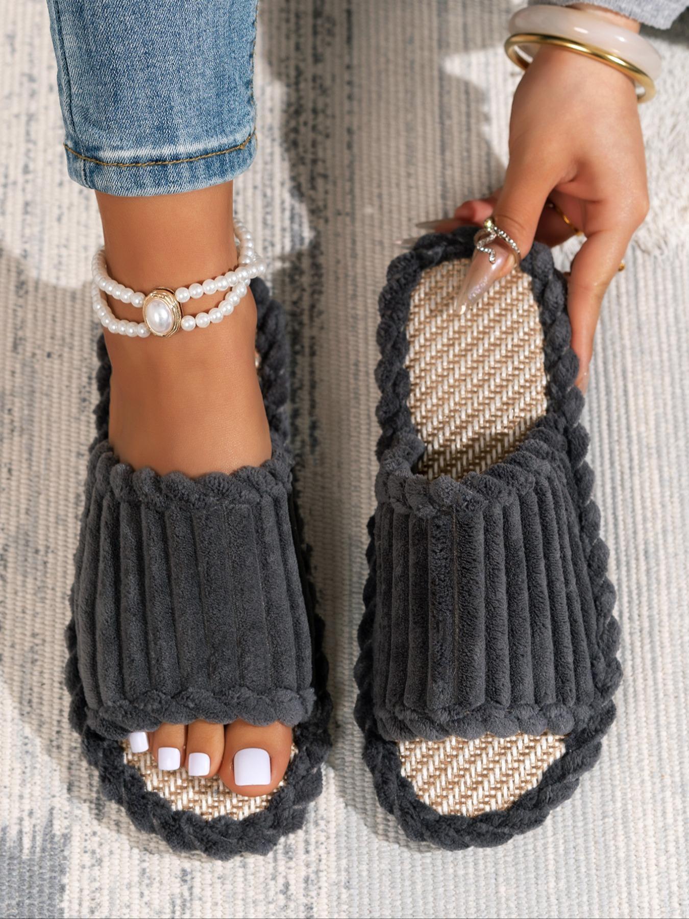 Women's Solid Color Fluffy Plush Slides, Casual Soft Comfortable Home Slippers, Warm Slippers for Indoor & Outdoor Use for Fall & Winter, Walking Shoes, Affordable Slippers