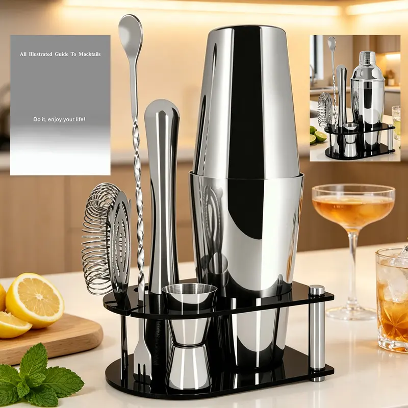 7-Piece Stainless Steel Cocktail Maker Set, Bar Utensils Kit with 750/600ml(25/20oz) Boston-Type Drink Shakers (1*750ml(25oz) Shaker Cup), Muddler, Bar Spoon, Black Stand & Recipe Guide, Drink Accessories for Home Bartenders