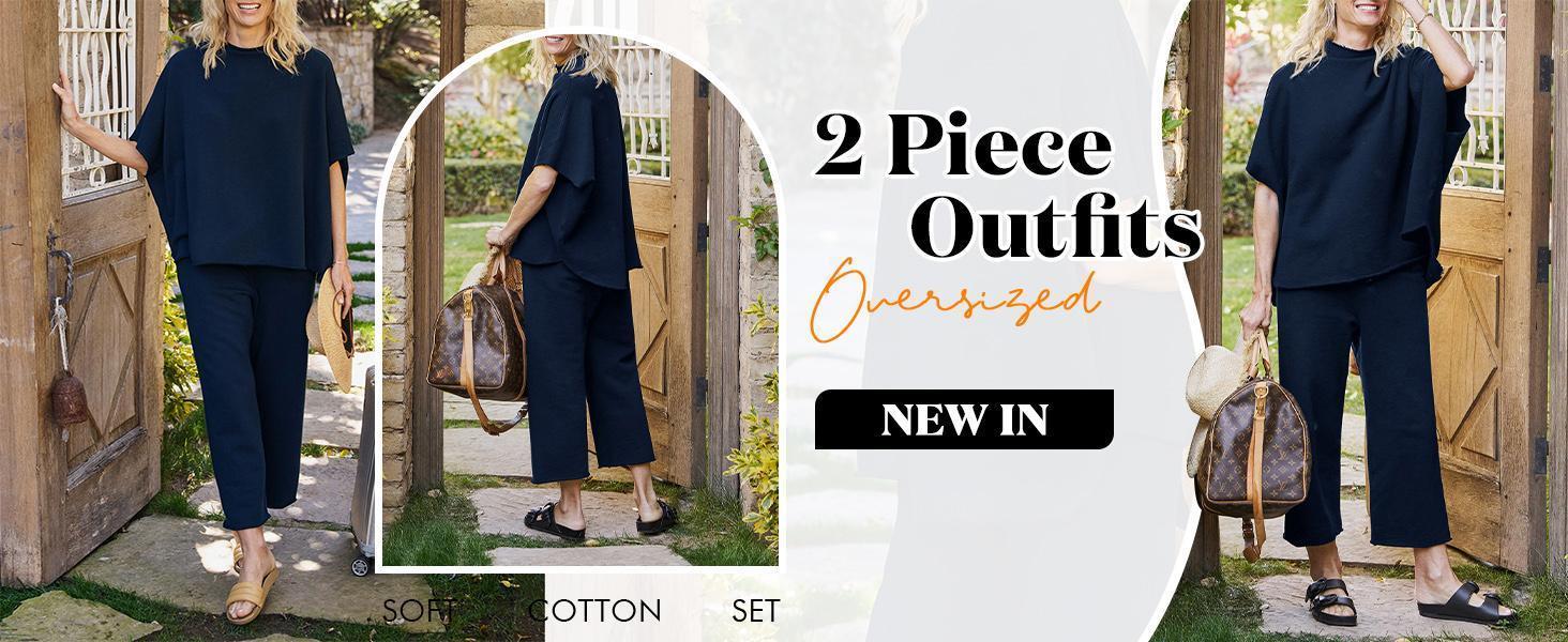 【L-5XL】Plus Size Curve imily bela curve Women's Plus Size 2 Piece Outfits 3/4 Batwing Sleeve Capelet Crew Neck Pullover Top Wide Leg Pants Lounge Set