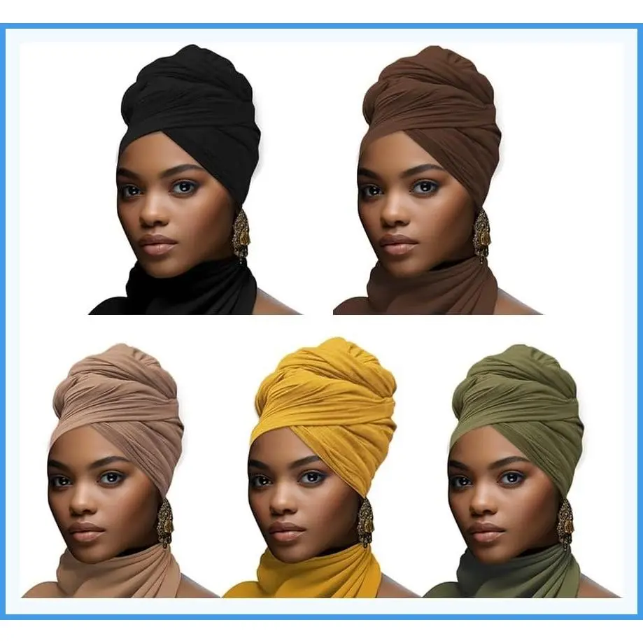 Stretch African Head Wraps for Women, Five-Color Set - Long Jersey Turban Headwraps, Head Scarf, Headbands (Black, Brown, Brown, Green, Yellow)