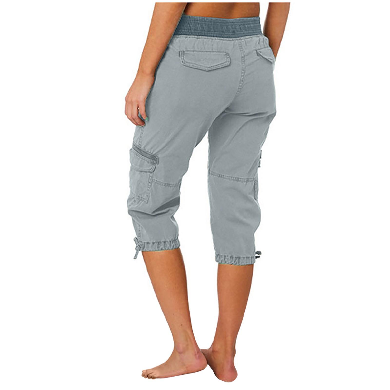Women Cargo Capris Soild Casual Pants With Pocket Drawstring Outdoor Hiking Pants Women'S Slacks Thin Streetwear Tops Chic White Womenswear Bottom Comfort Basic